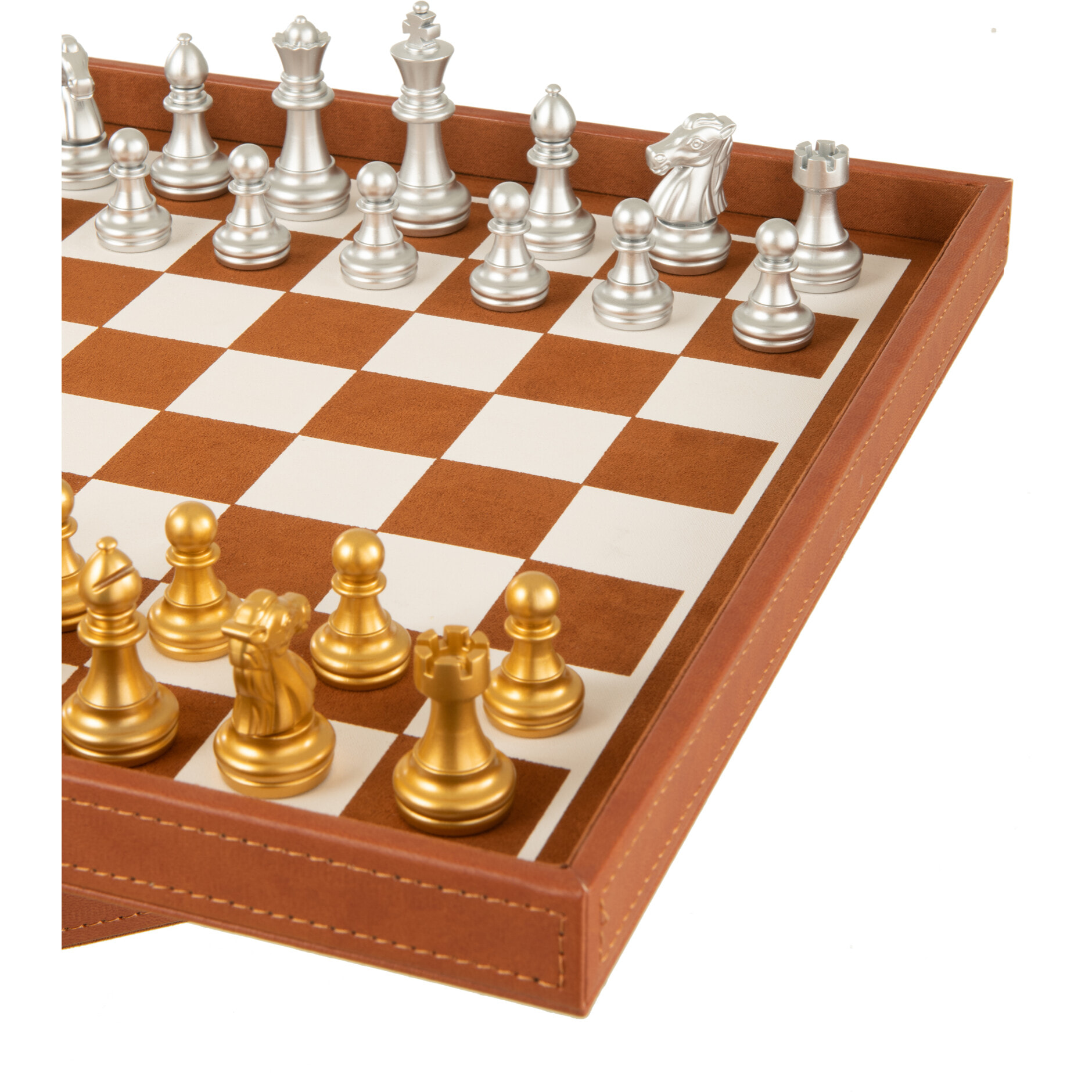 J-Line Boite Jeu De Cartes+Echecs Simili Cuir Cognac