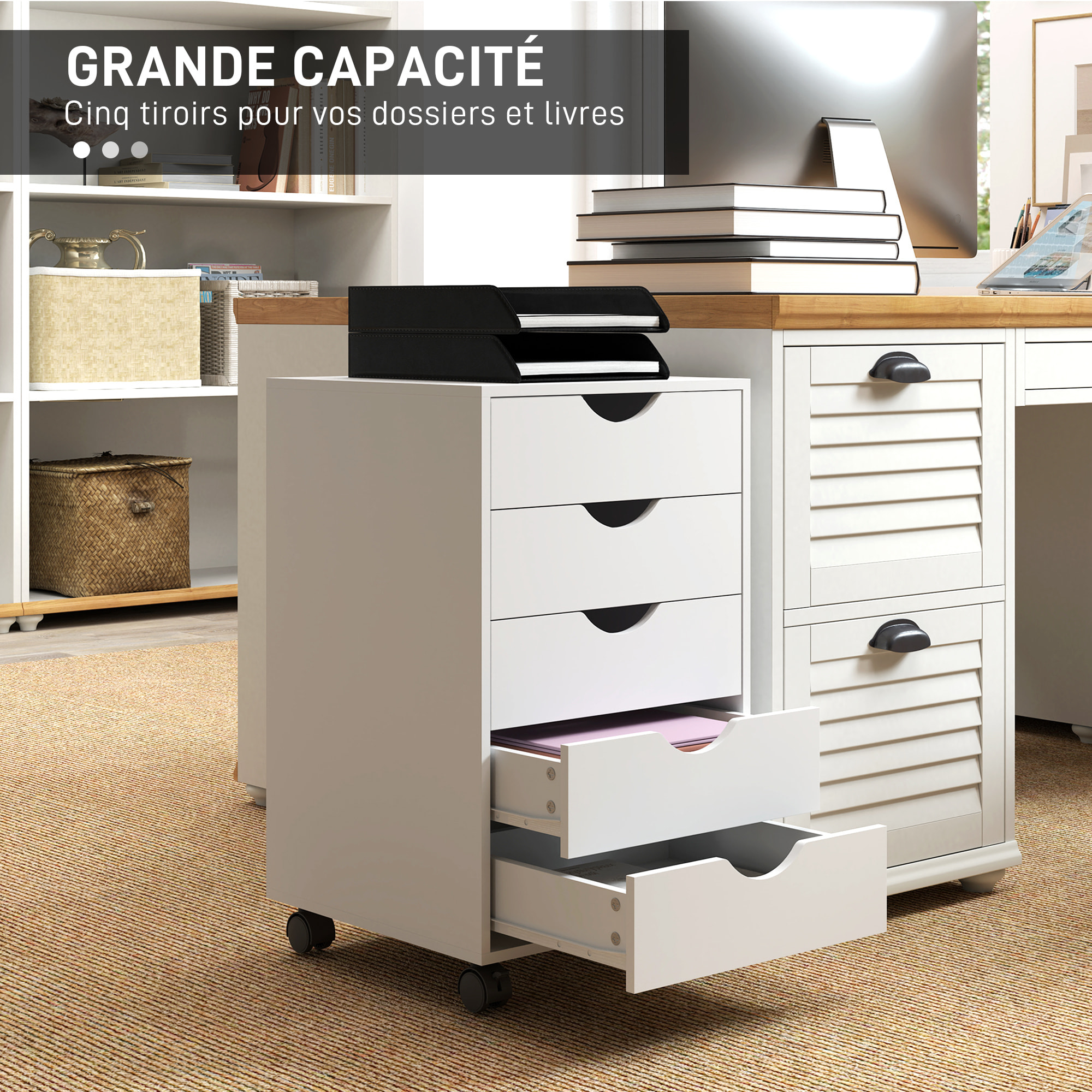 Caisson bureau 5 tiroirs mobile dim. 40x40x67cm blanc