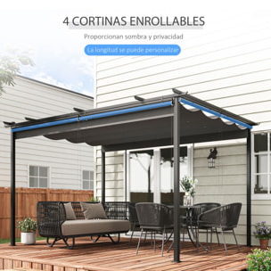 Pérgola de Jardín 4x3 m Cenador para Exterior con Techo Retráctil 4 Cortinas Enrollables de Poliéster y Marco de Metal para Patio Terraza Gris Oscuro