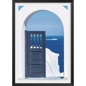 Poster porte bleue oia Affiche + cadre en bois - Noir