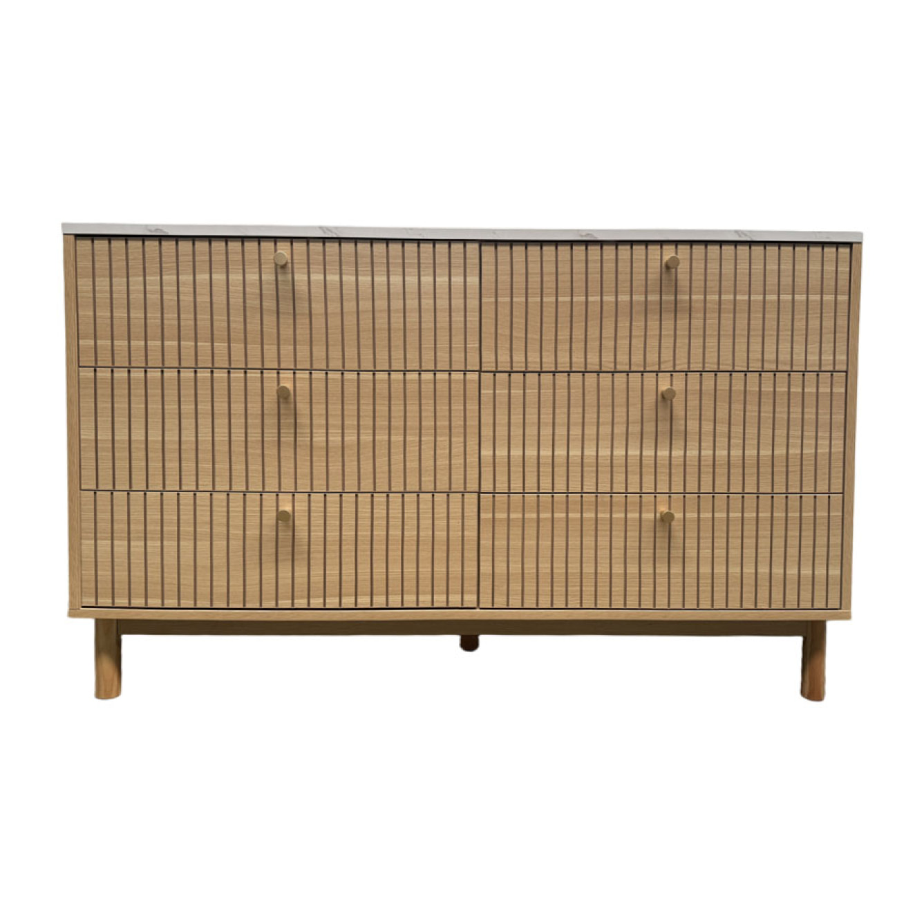 MIRANDELA Buffet 6 tiroirs aspect bois rainuré et marbre 120cm