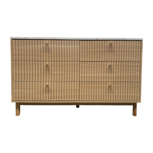 MIRANDELA Buffet 6 tiroirs aspect bois rainuré et marbre 120cm