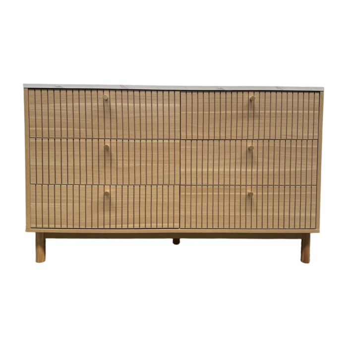 MIRANDELA Buffet 6 tiroirs aspect bois rainuré et marbre 120cm