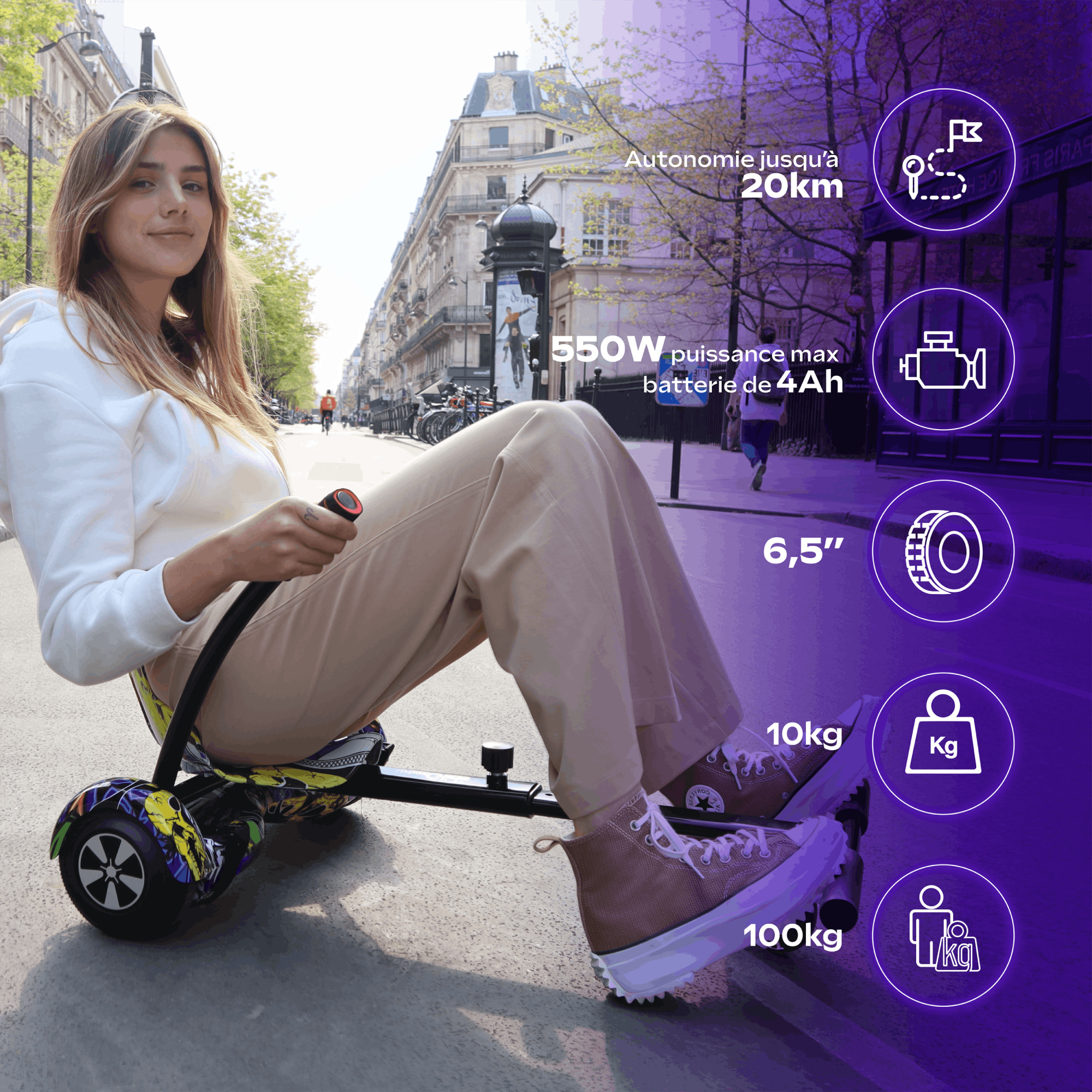 Hoverboard UrbanGlide 65 Lite + KART – 15km/h - Moteur 500W - Autonomie Jusqu'a 20 km - Pneu 6.5" Plein - Batterie 25.9V/4Ah - Poids 10Kg