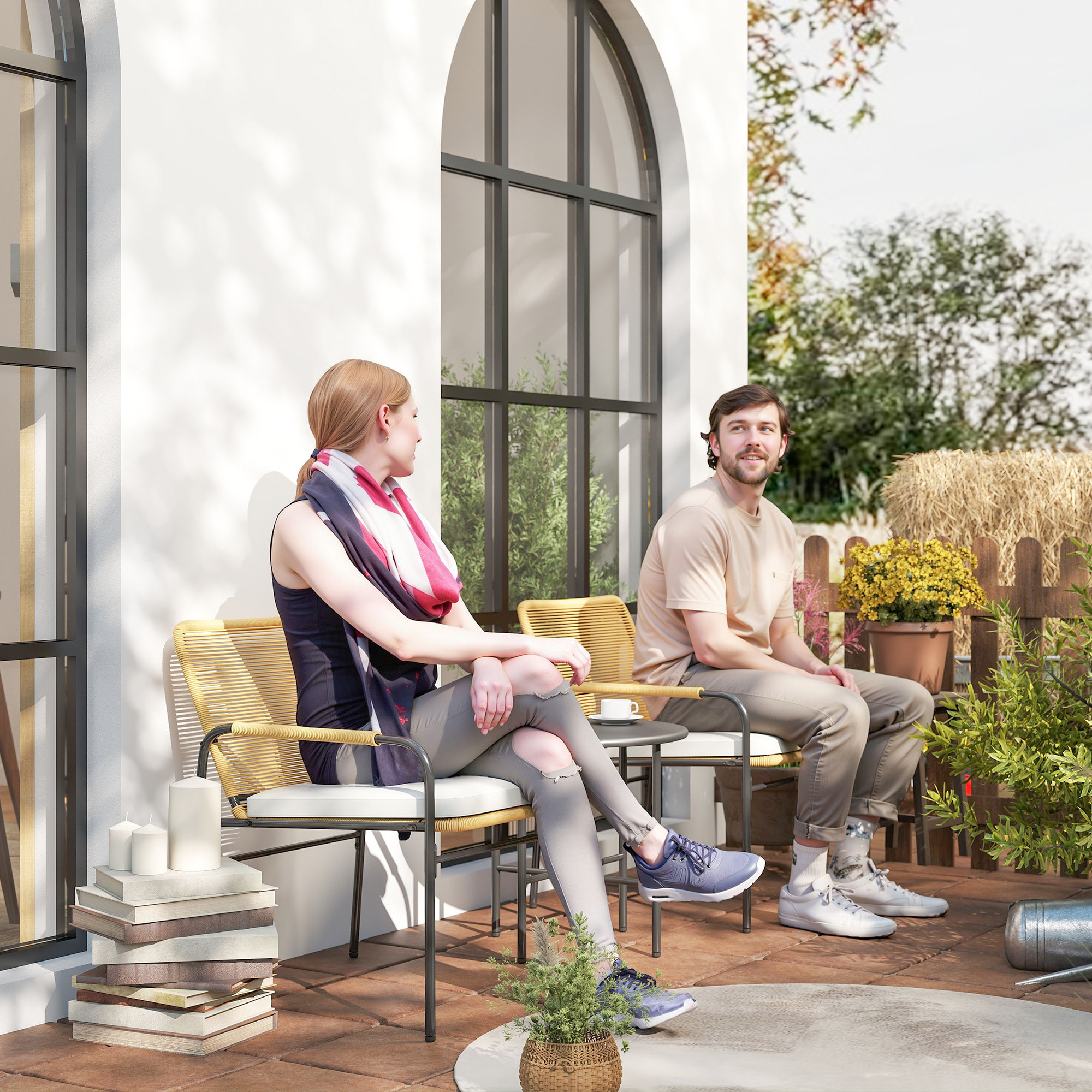 Conjunto de Jardín Exterior de 3 Piezas Muebles de Jardín con 2 Sillas con Cojines Extraíbles Lavables y Mesa de Terraza con Tablero de Metal Resistente para Balcón Patio Natural y Crema