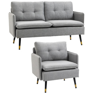 Conjunto de Sofá Incluye 1 Sofá de 2 Plazas y 1 Butaca de Salón con Reposabrazos Asiento Acolchado y Patas de Acero para Dormitorio Oficina Gris