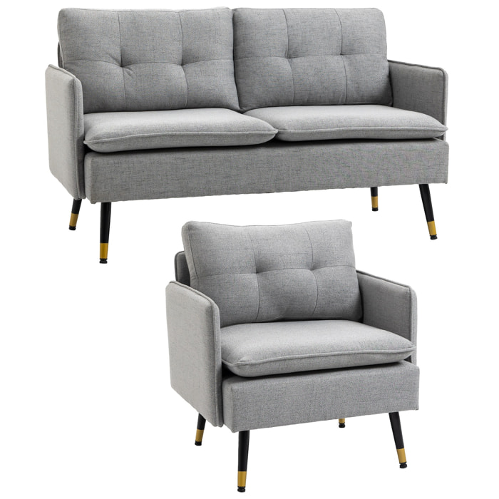 Conjunto de Sofá Incluye 1 Sofá de 2 Plazas y 1 Butaca de Salón con Reposabrazos Asiento Acolchado y Patas de Acero para Dormitorio Oficina Gris