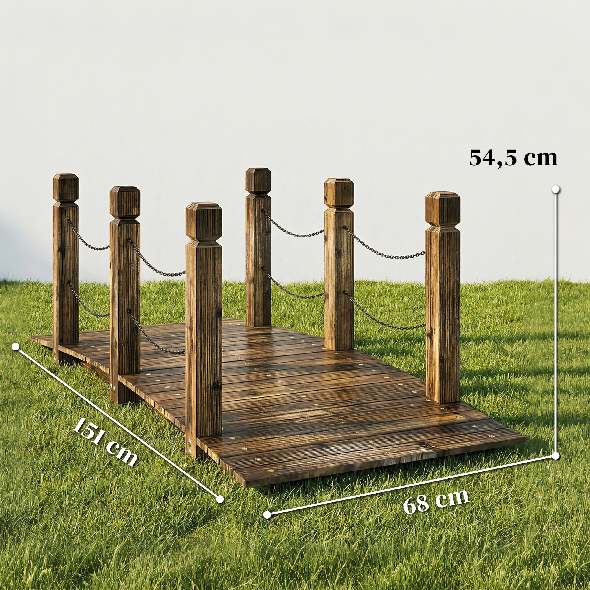 Puente de Jardín de Madera, 1,51 m, Puente Decorativo para Estanques Rústico con Barandillas de Seguridad, Carga 200 kg, Construcción Resistente, Carbonizado