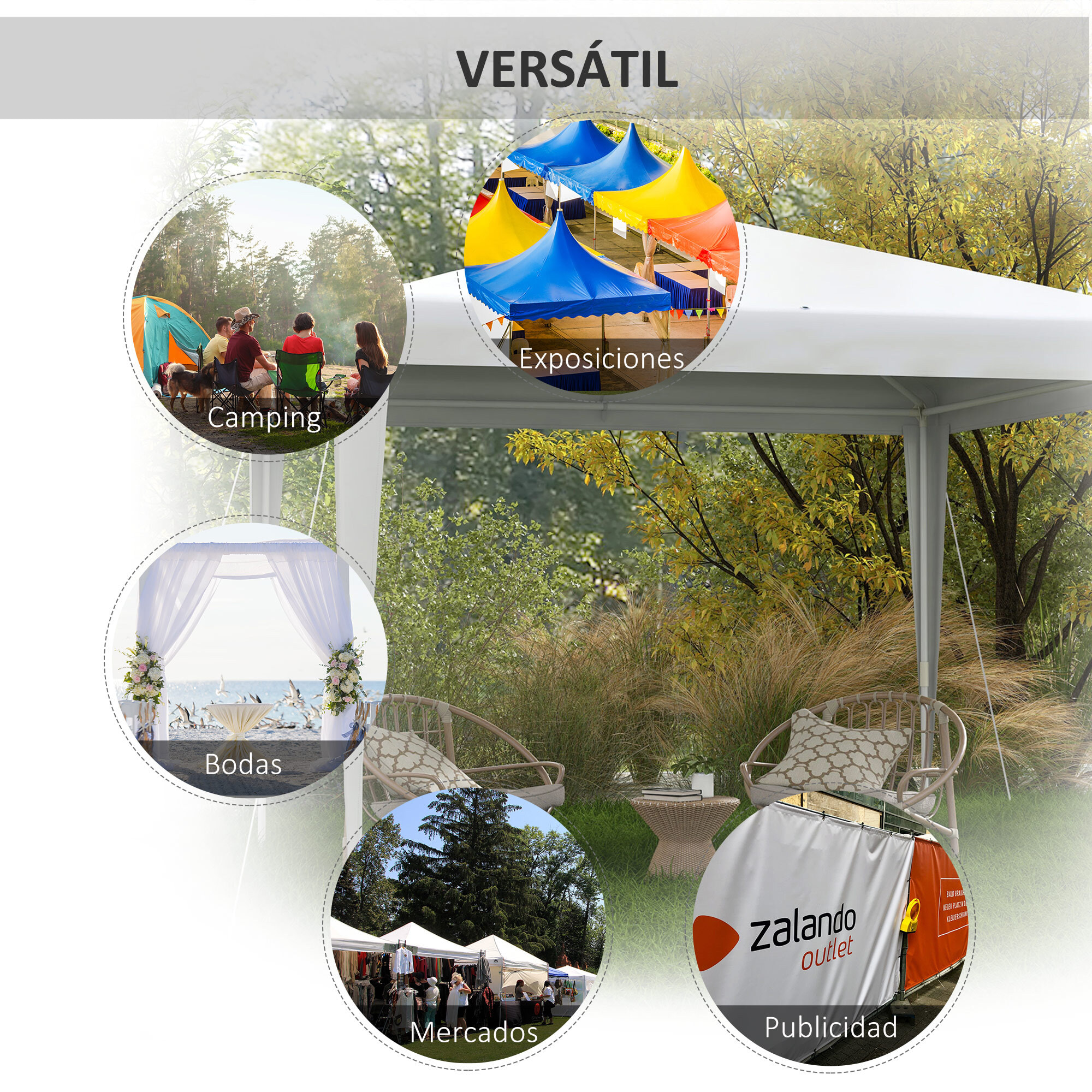 Carpa Desmontable de Jardín 3x3 m Gazebo Cenador para Exteriores con 4 Orificios de Drenaje y Tubo de Acero para Bodas Camping Fiestas Blanco