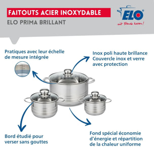 Ensemble de 3 Poêles de cuisson 24, 28 et 32 cm et 3 faitouts 12, 14 et 20 cm Elo Profi Brillant
