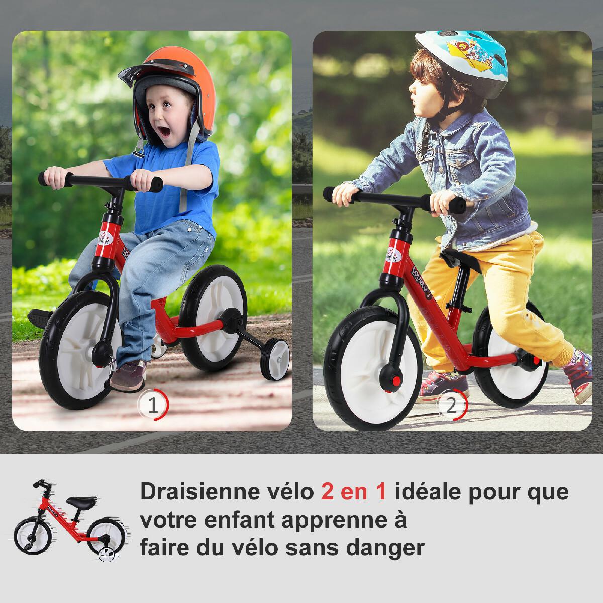 Vélo enfant draisienne 2 en 1 roulettes et pédales amovibles roues 11'' hauteur selle réglable acier rouge