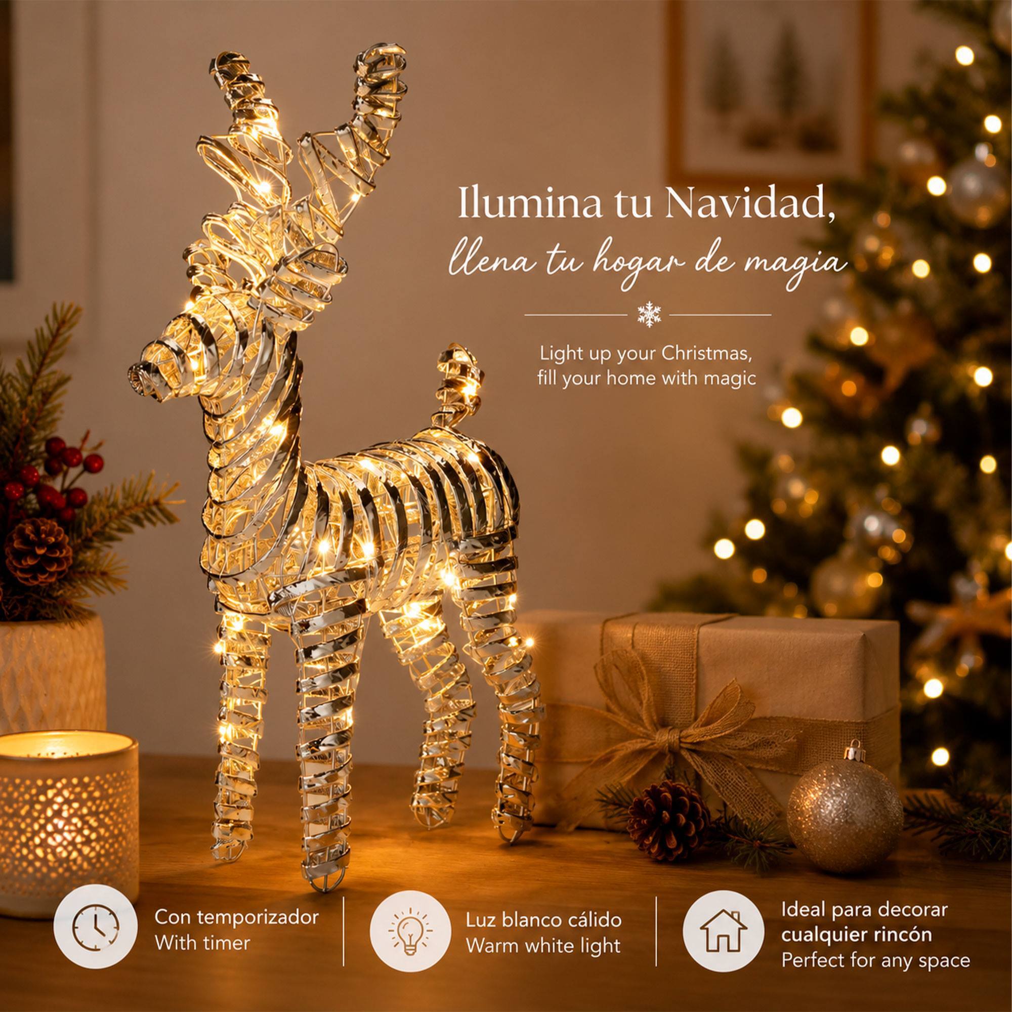 Reno navideño led plateado con 30 microled blanco cálido, con temporizador 24x9x37 cm