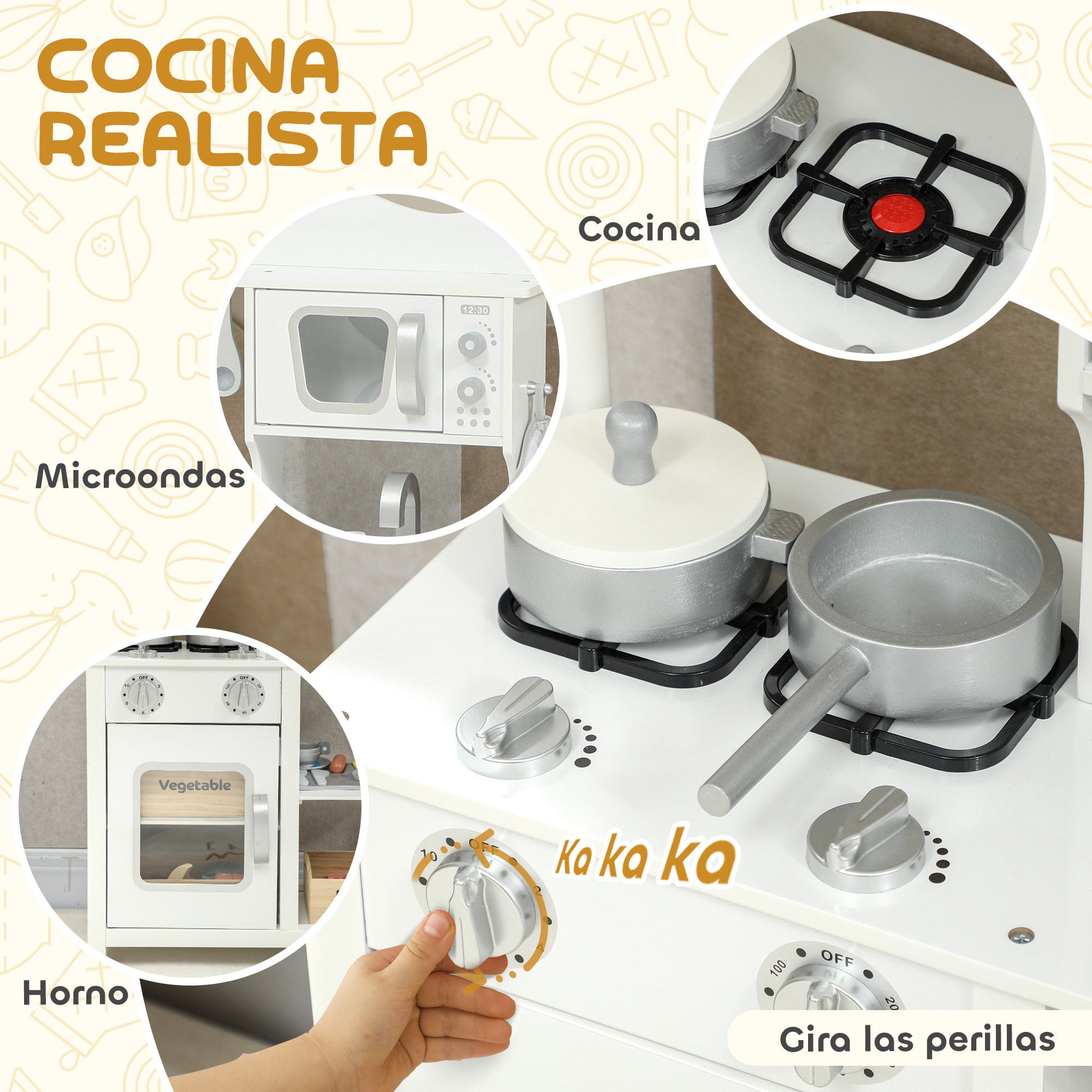 Cocina de Juguete de Madera con Sonido, Cocinita Infantil con Accesorios, Fregadero, Microondas y Fogón, Juguetes para Niños a Partir de 3 Años, 55x24x86 cm, Blanco