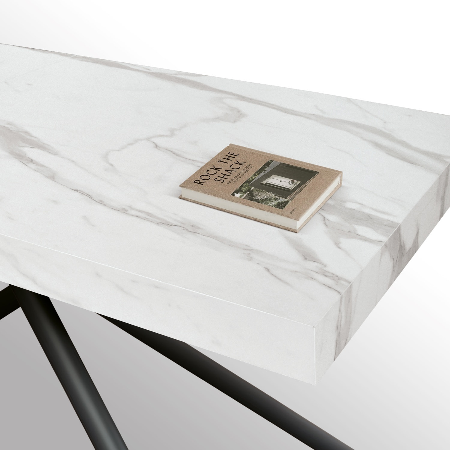 Tavolo CARRARA in legno, finitura bianco statuario e gambe in metallo nero, allungabile 160x90 cm - 240x90 cm