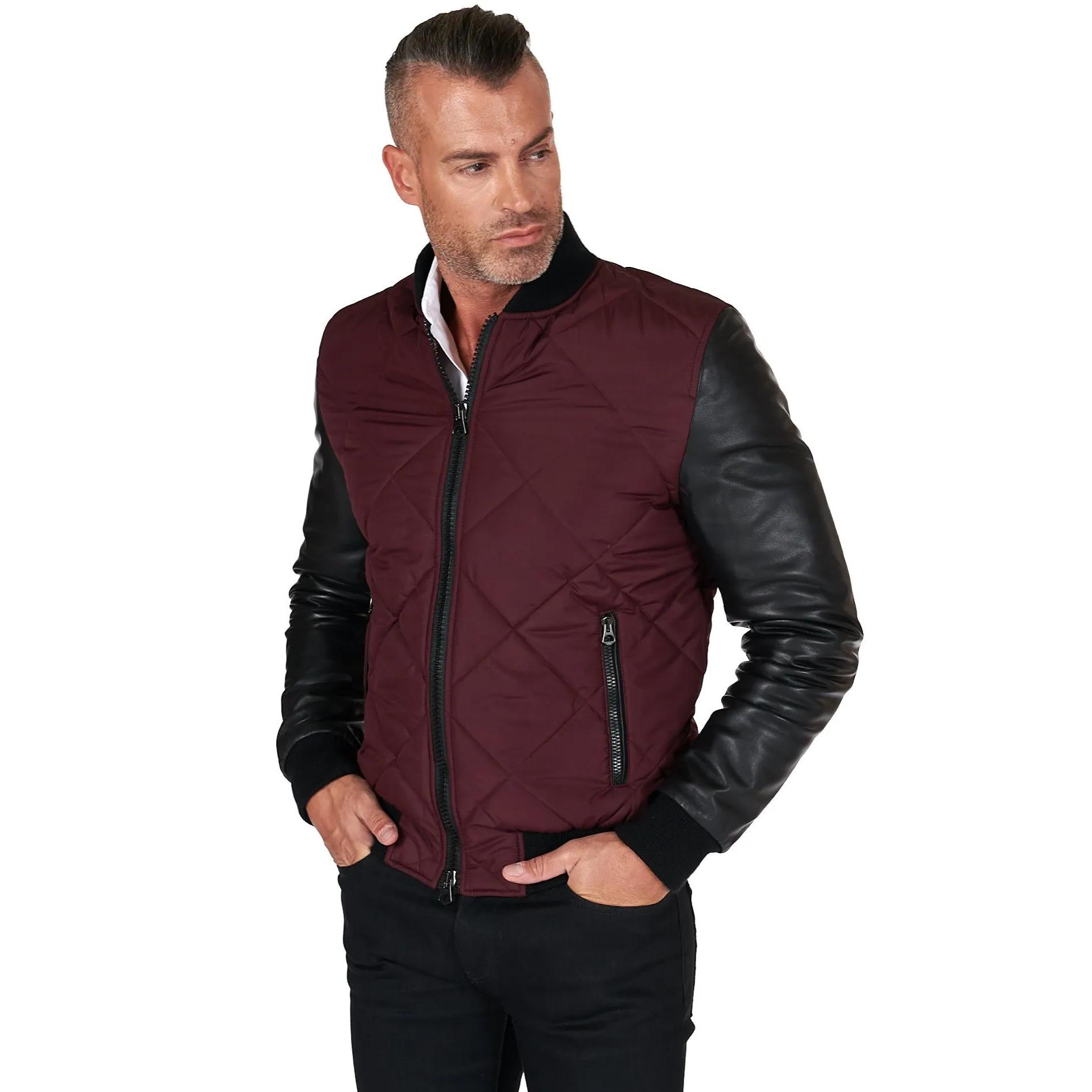 Bomber piumino in pelle nera e tessuto bordeaux