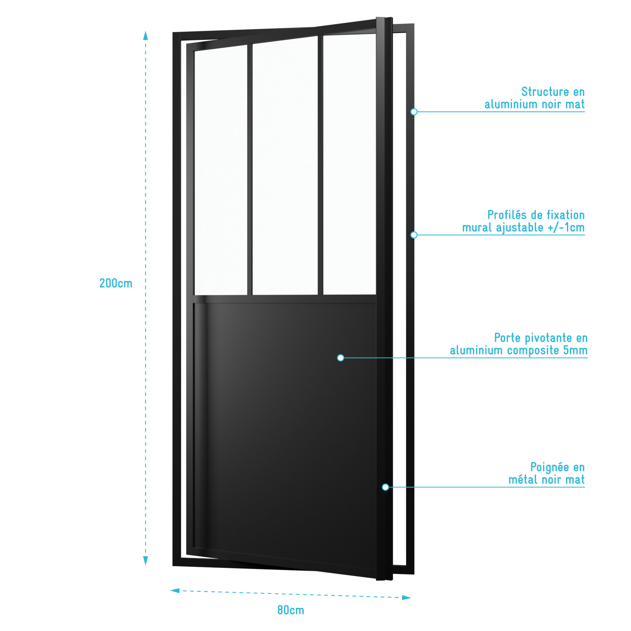 Porte de douche pivotante type atelier - 80x200cm - PROFILE NOIR MAT - verre 5mm