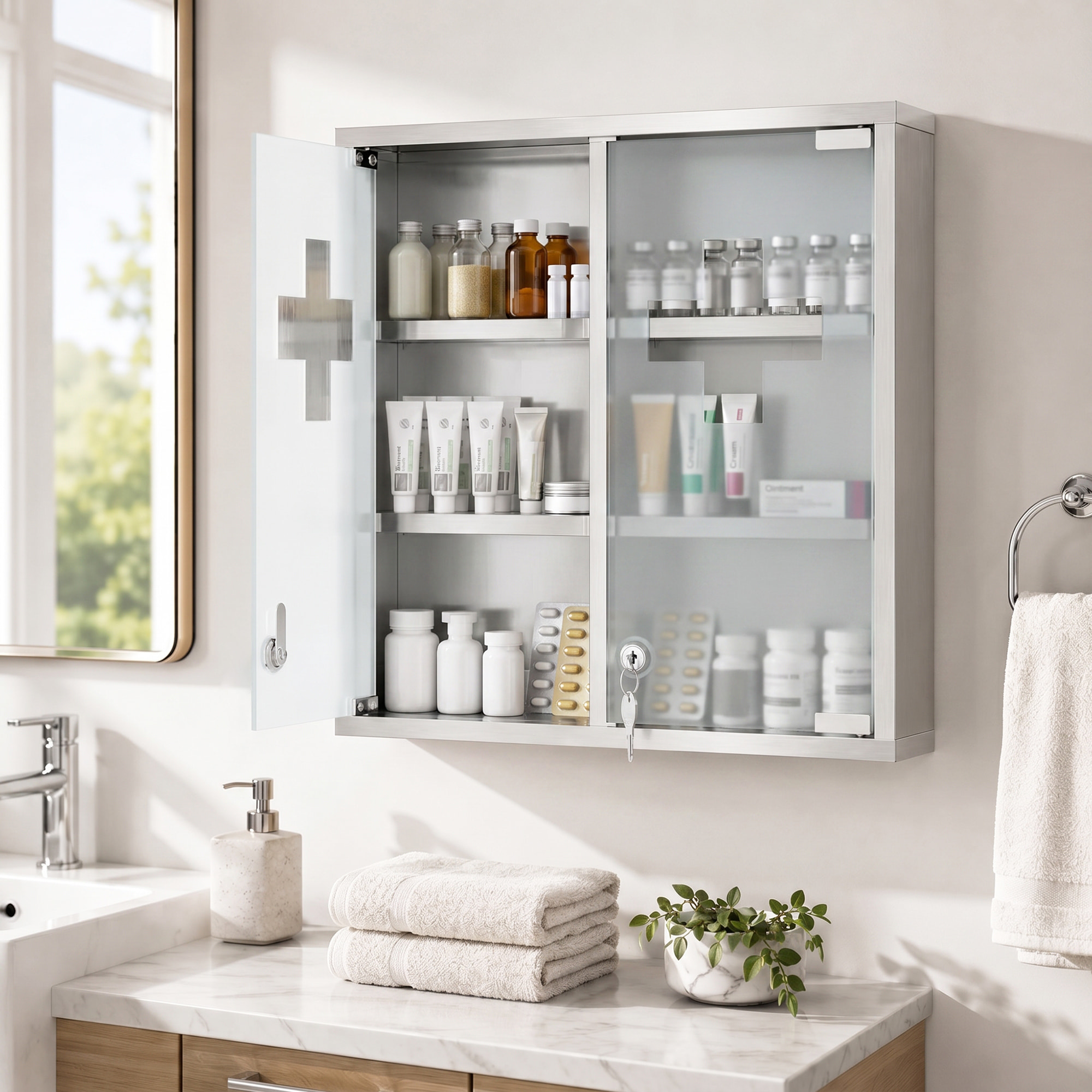 Botiquín de Pared de Primeros Auxilios, Botiquín de Medicinas de 3 Niveles con 2 Puertas de Cristal, Estantes, Cerradura y 2 Llaves, para Baño, Cocina, 46x12x48 cm, Plateado