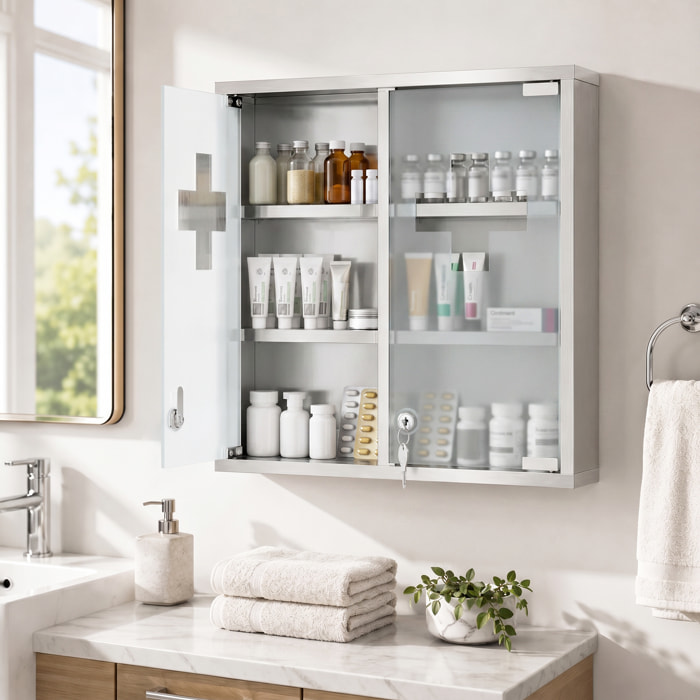 Botiquín de Pared de Primeros Auxilios, Botiquín de Medicinas de 3 Niveles con 2 Puertas de Cristal, Estantes, Cerradura y 2 Llaves, para Baño, Cocina, 46x12x48 cm, Plateado