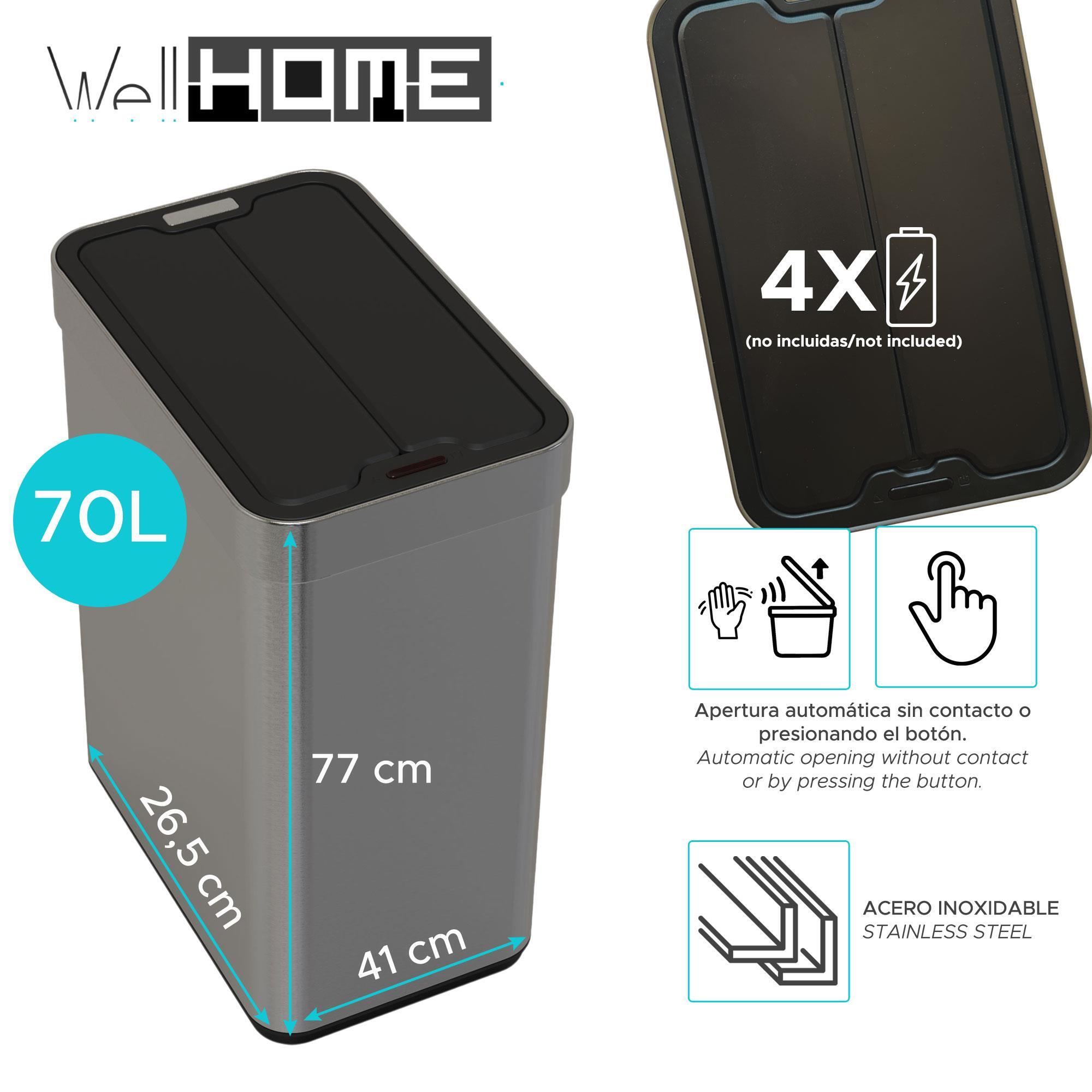 Cubo de Basura color metálico en acero inoxidable con apertura de alas y sensor automático