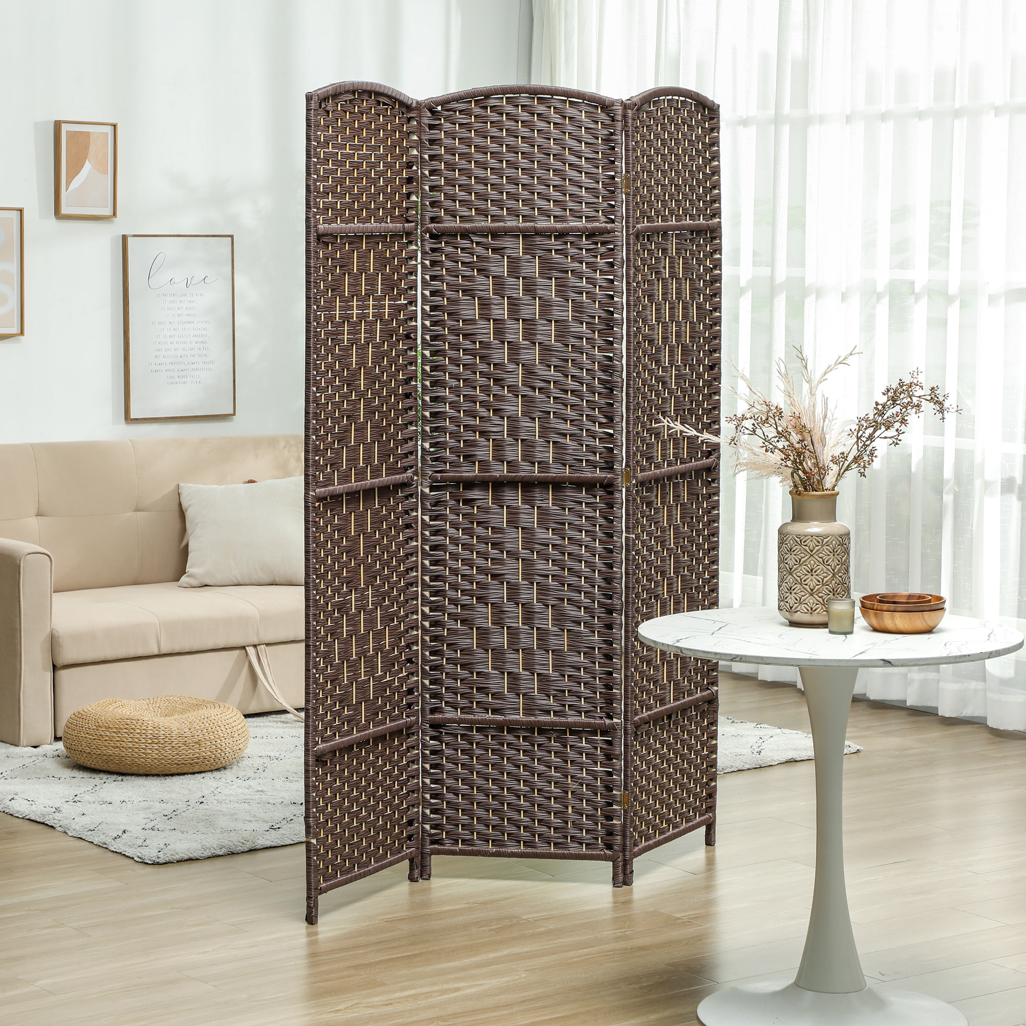 Paravent intérieur 3 panneaux pliables en bois séparateur de pièce style bohème tissé chocolat