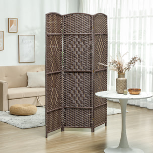 Paravent intérieur 3 panneaux pliables en bois séparateur de pièce style bohème tissé chocolat