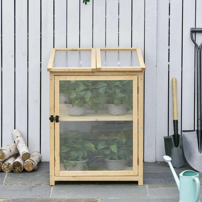 Mini serre de jardin 2 niveaux dim. 62L x 63l x 82H cm porte et panneau toit ouvrant bois sapin traité polycarbonate