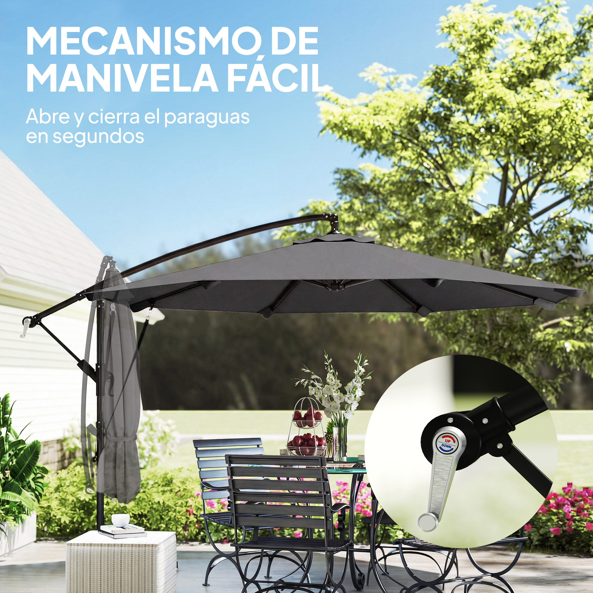 Parasol Excéntrico, Ø300 cm, Sombrilla de Jardín con Base Cruzada, Manivela, Funda Protectora y Cuerdas de Viento, UPF30+, para Terraza, Patio, Gris Oscuro