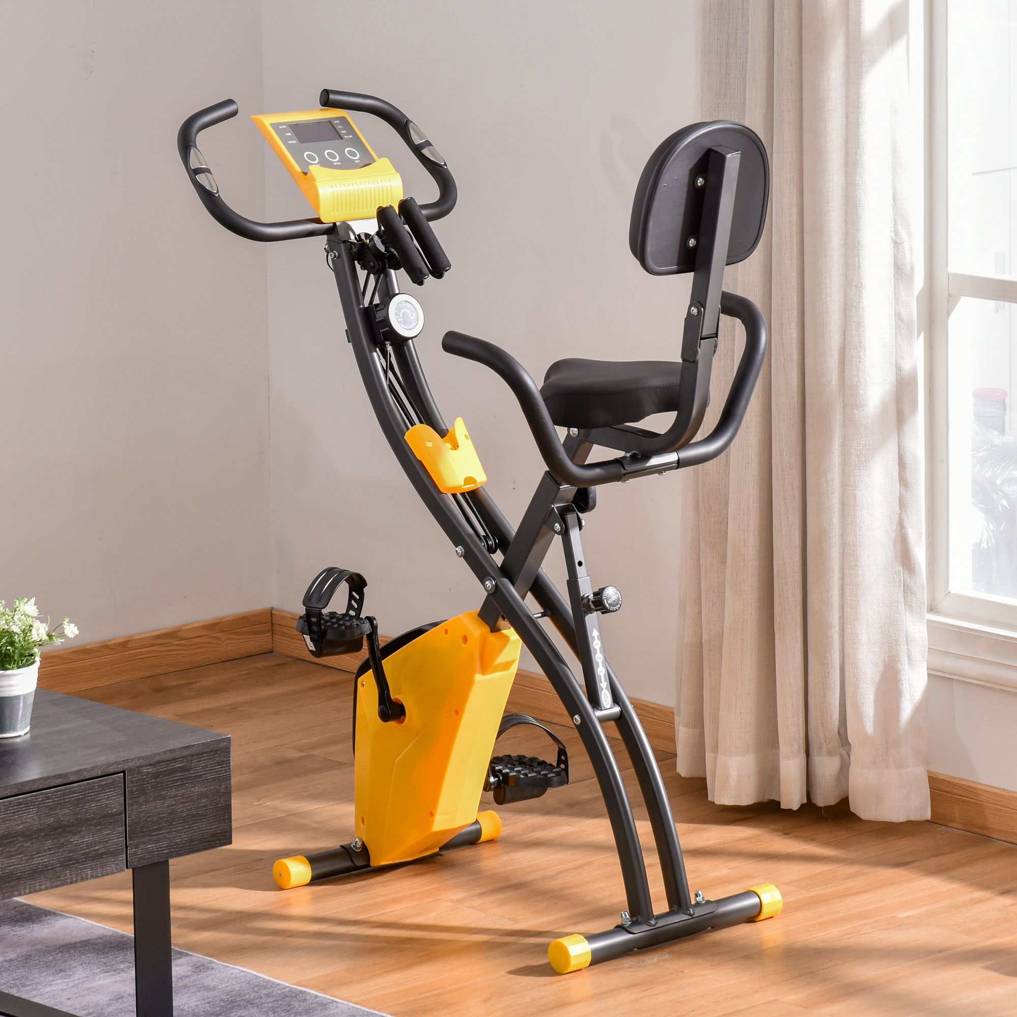 Vélo d'appartement pliant 8 niveaux de résistance magnétique dossier selle réglable poignées ergonomiques écran LCD multifonction suspensions support tablette acier jaune gris