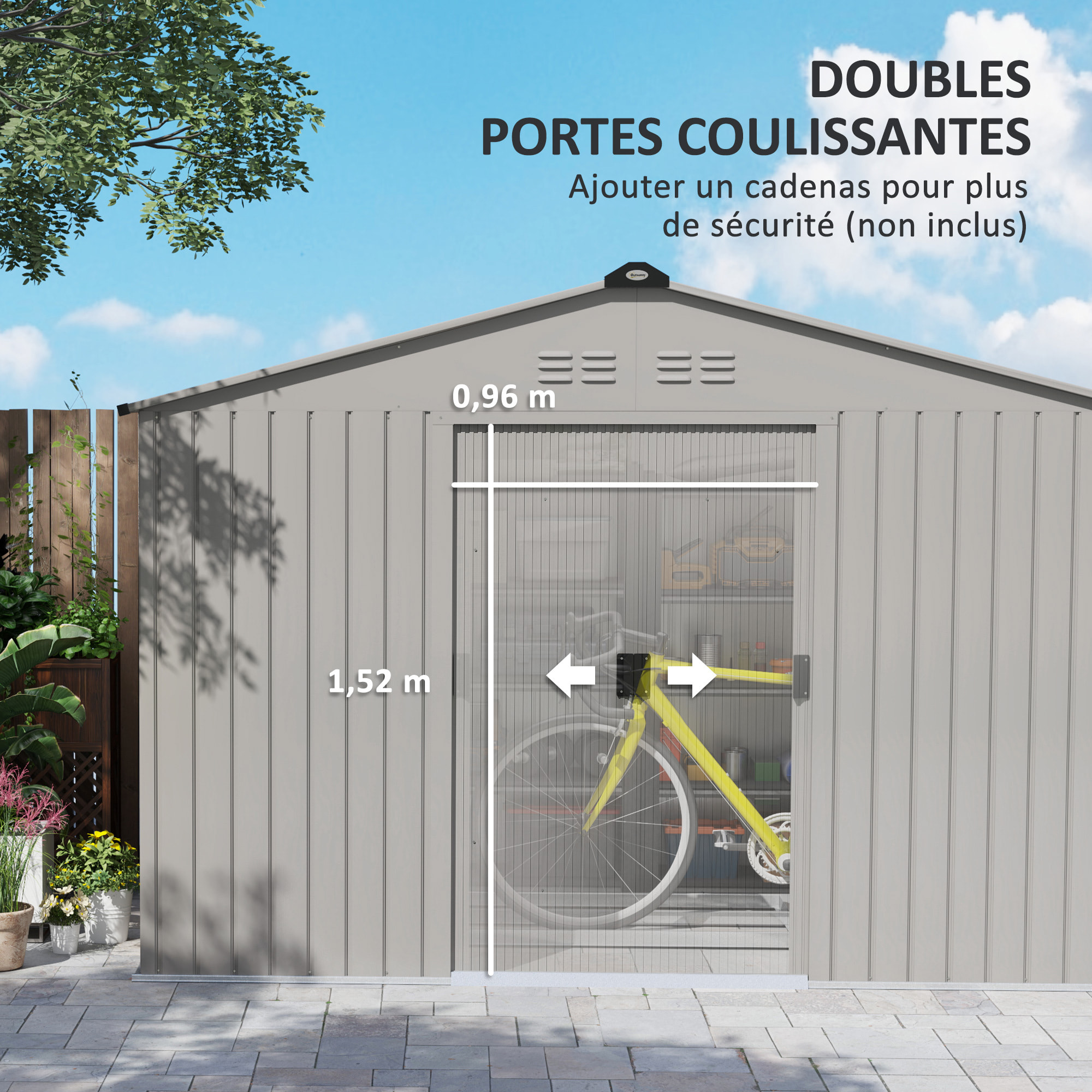 Abri de jardin 5,4 m² - cabanon double porte coulissante - fondation incluse - 277 x 195 x 192 cm - tôle d'acier ondulée gris