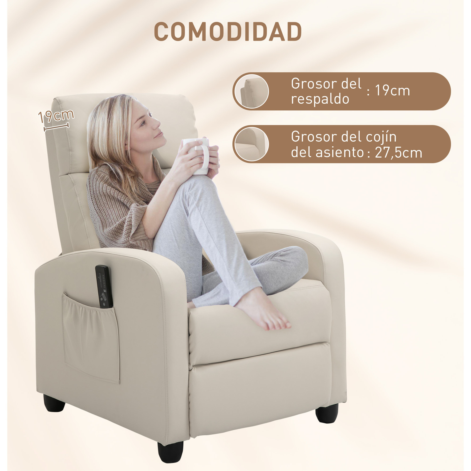 Sillón de Masaje Sillón Relax Reclinable con Mando a Distancia 2 Zonas de Masaje 8 Programas 5 Niveles de Intensidad 1 Bolsillo Lateral y Temporizador Tapizado en PU 68x88x98 cm Crema
