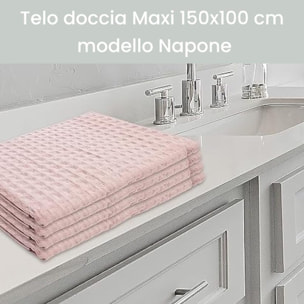 Telo doccia maxi in cotone spugna assorbente e morbido, asciugamano bagno grande e avvolgente, elevata capacità di assorbenza 300 gr/mq, ideale per doccia e bagno, confortevole sulla pelle, resistente ai lavaggi, dimensioni 150x100 cm