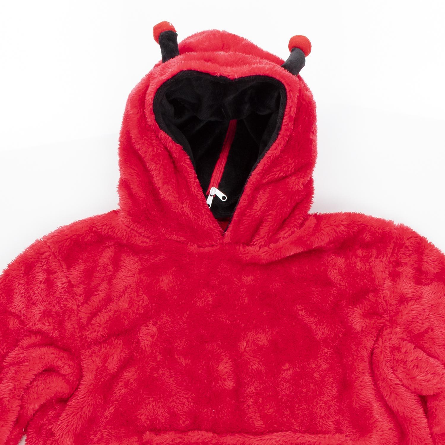 Peluche convertible en sudadera de felpa extrasuave, 60x47cm. Bolsillo frontal tipo canguro. Diseño Mariquita