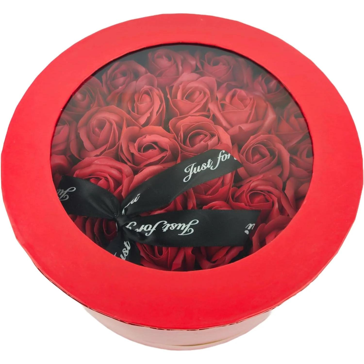 Box tondo Rose rosse artificiali bouquet di 29 rose perenni, confezione mazzo di rose per San Valentino, cm 23x23x14 scatola in cartone rosso