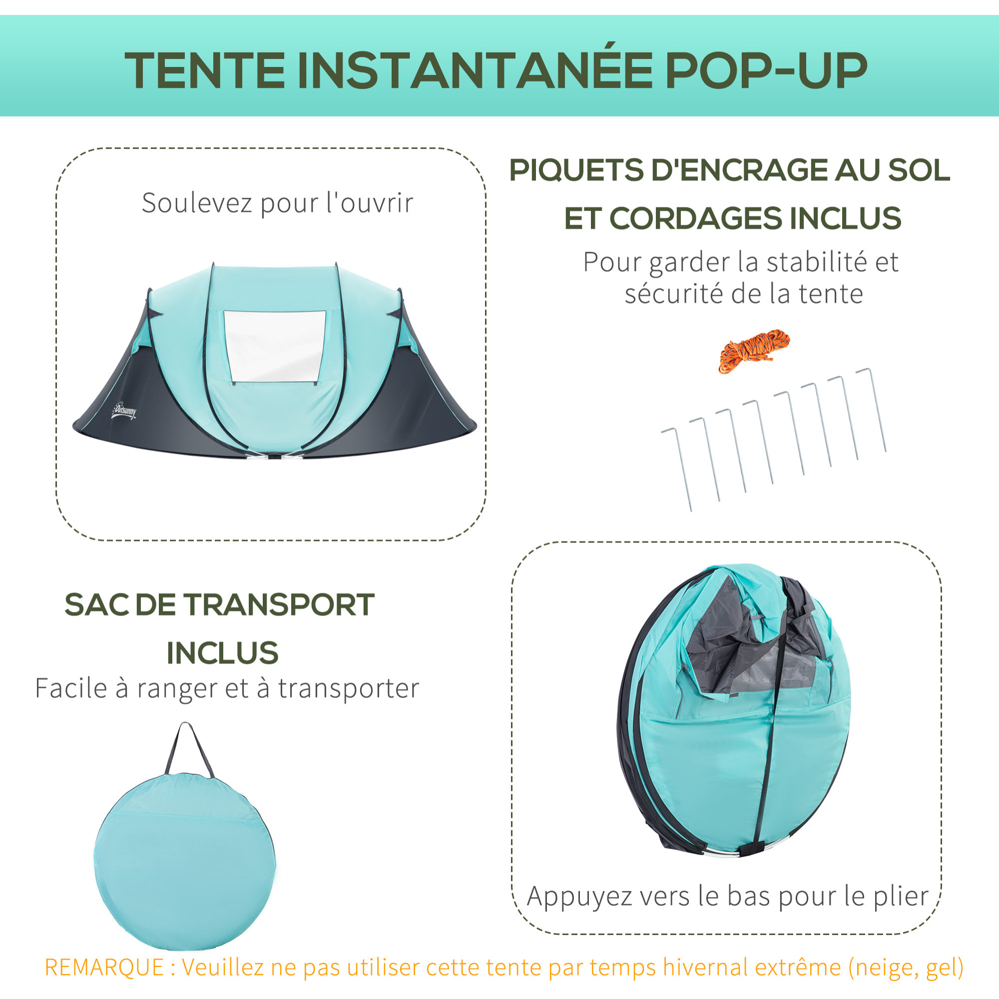 Tente pop up montage instantané - tente de camping 3-4 pers.  - 2 portes, 2 fenêtres moustiquaires - dim. 2,86L x 2,09l x 1,22H m - fibre verre polyester bleu gris