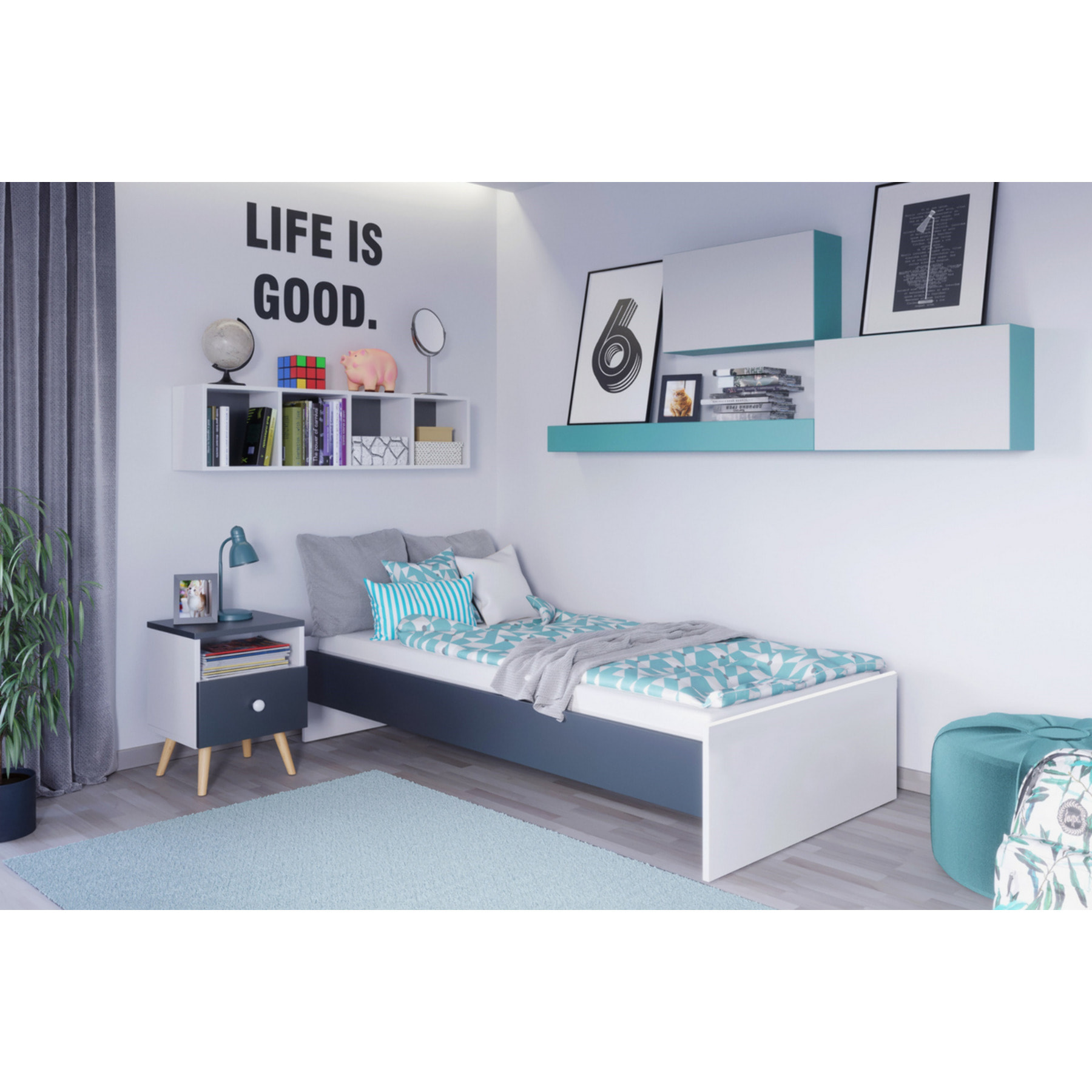 Letto singolo KARO 190x90 bianco e grigio per ragazzi