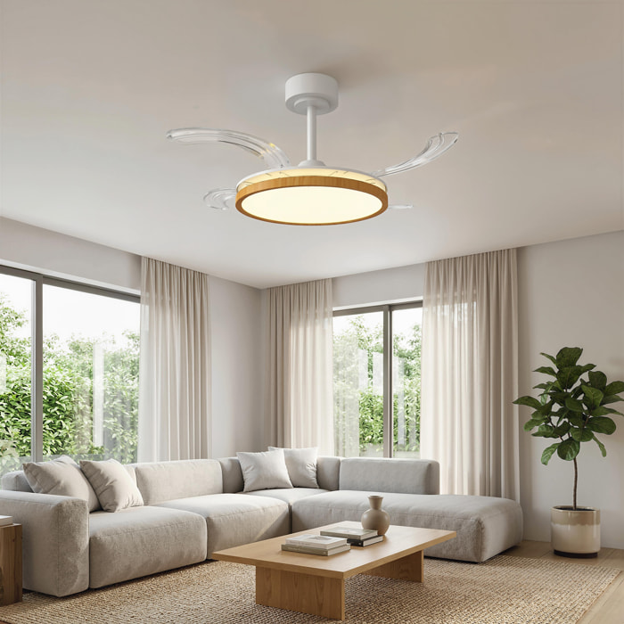 Ventilador de Techo con Luz LED, 80 W, Motor DC Reversible, Lámpara Ventilador Techo Silenciosa, Mando a Distancia, 6 Velocidades, 3 Colores, Temporizador, para Salón, Ø95 cm, Natural