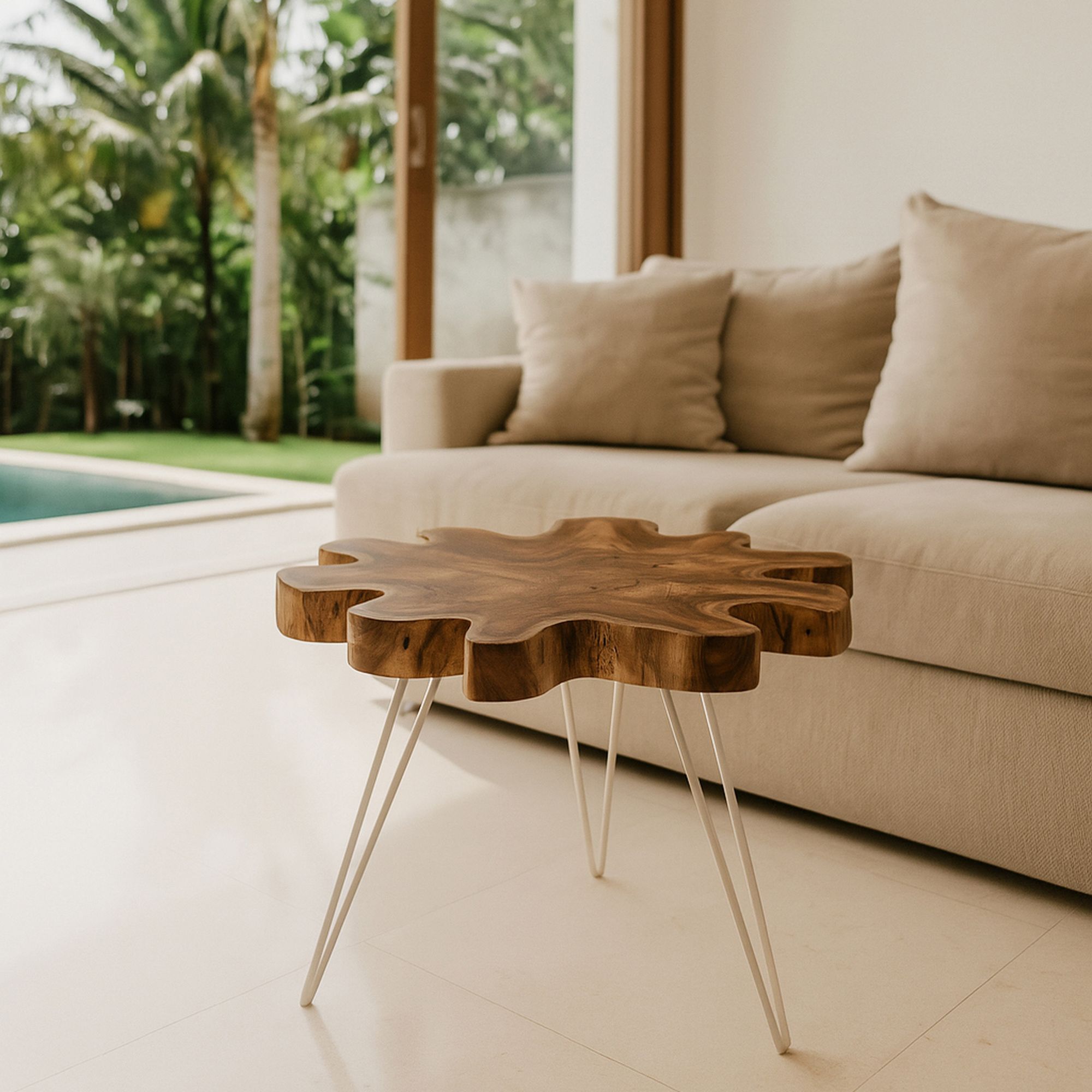 Bout de canapé en teck et pied en aluminium blanc KUTA