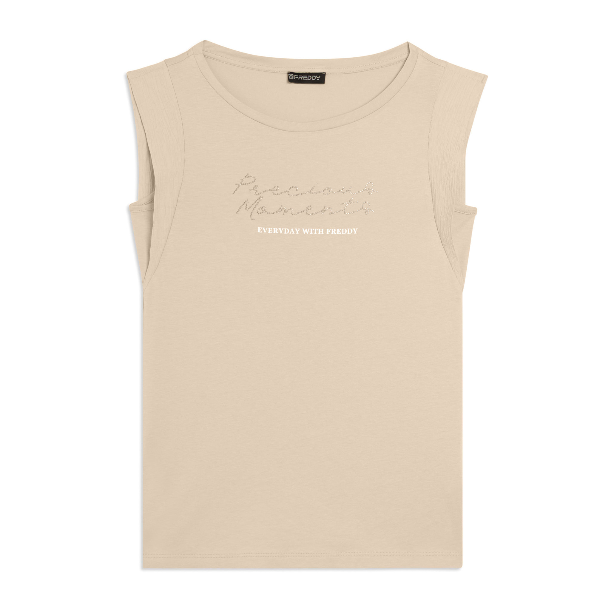 T-shirt con maniche in tessuto crinkle e scritta gioiello
