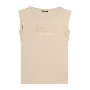 T-shirt con maniche in tessuto crinkle e scritta gioiello