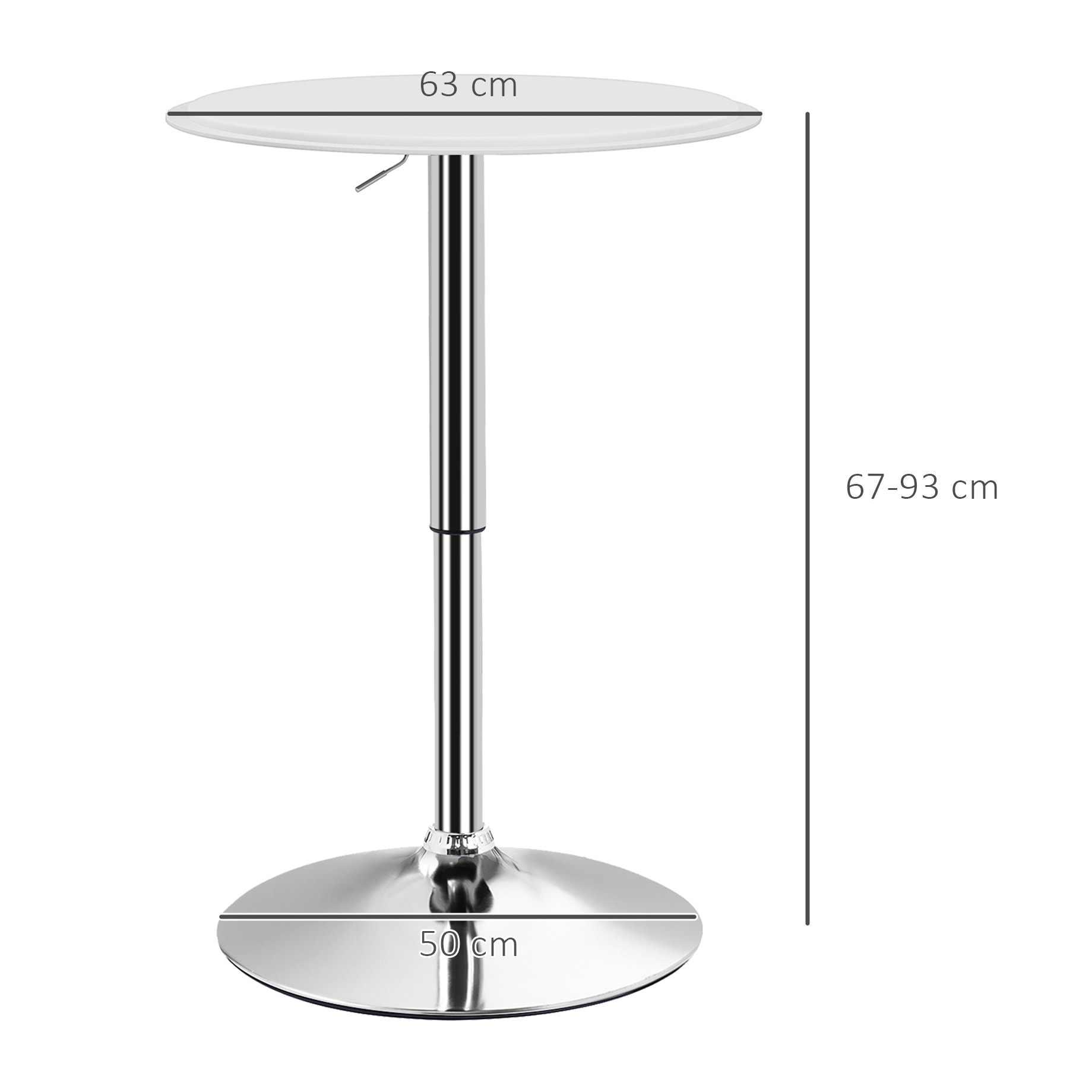 Mesa de Bar Redonda con Altura Ajustable 67-93 cm Mesa Alta de Bar con Tablero Ø63 cm Giratoria 360° con Base Redonda de Metal Cromado para Bistró Cocina Comedor Blanco