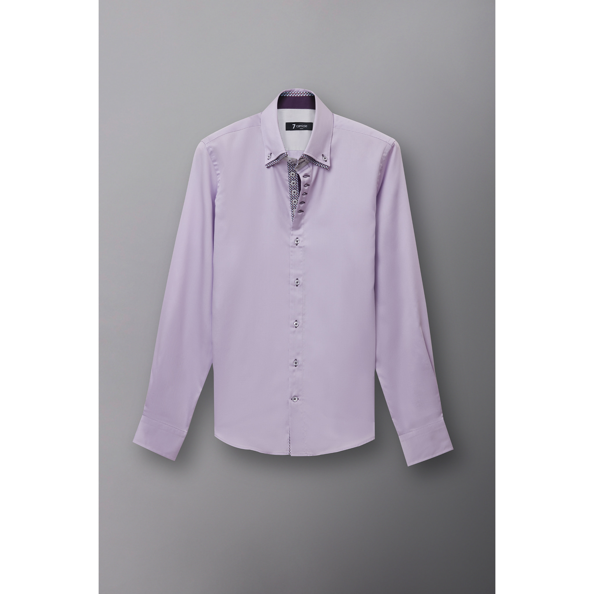 Camicia Uomo 2 Bottoni Button Down 7bottoni Doppio Coll Satin Unito Lilla