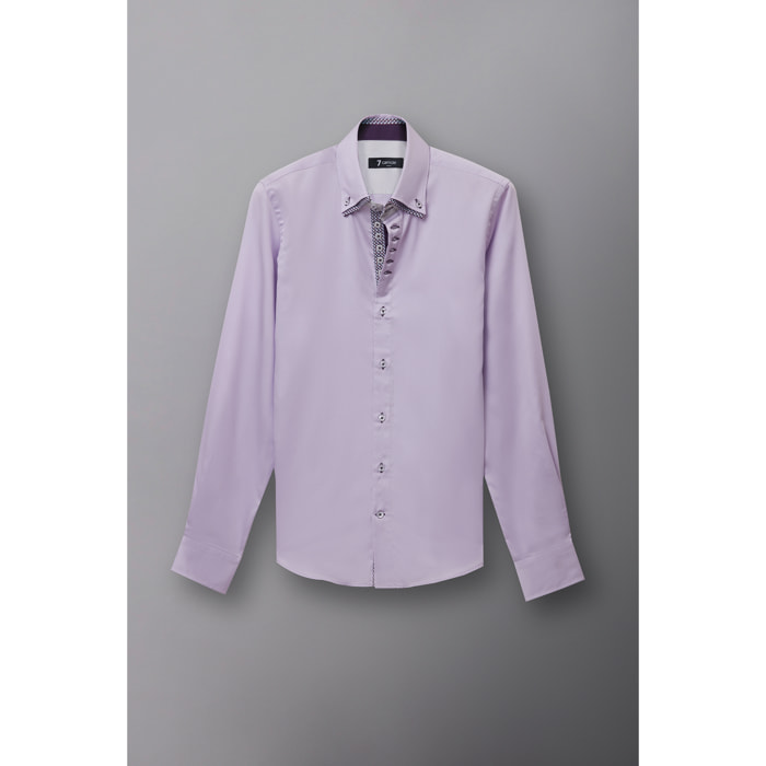Camicia Uomo 2 Bottoni Button Down 7bottoni Doppio Coll Satin Unito Lilla