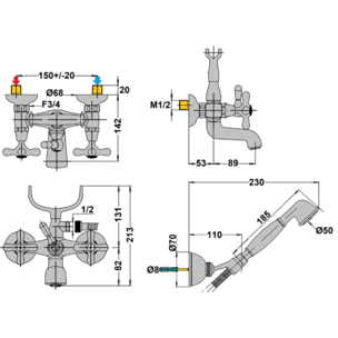 Mélangeur bain douche + flexible + douchette + support PAINI Tiffany Vieux Bronze