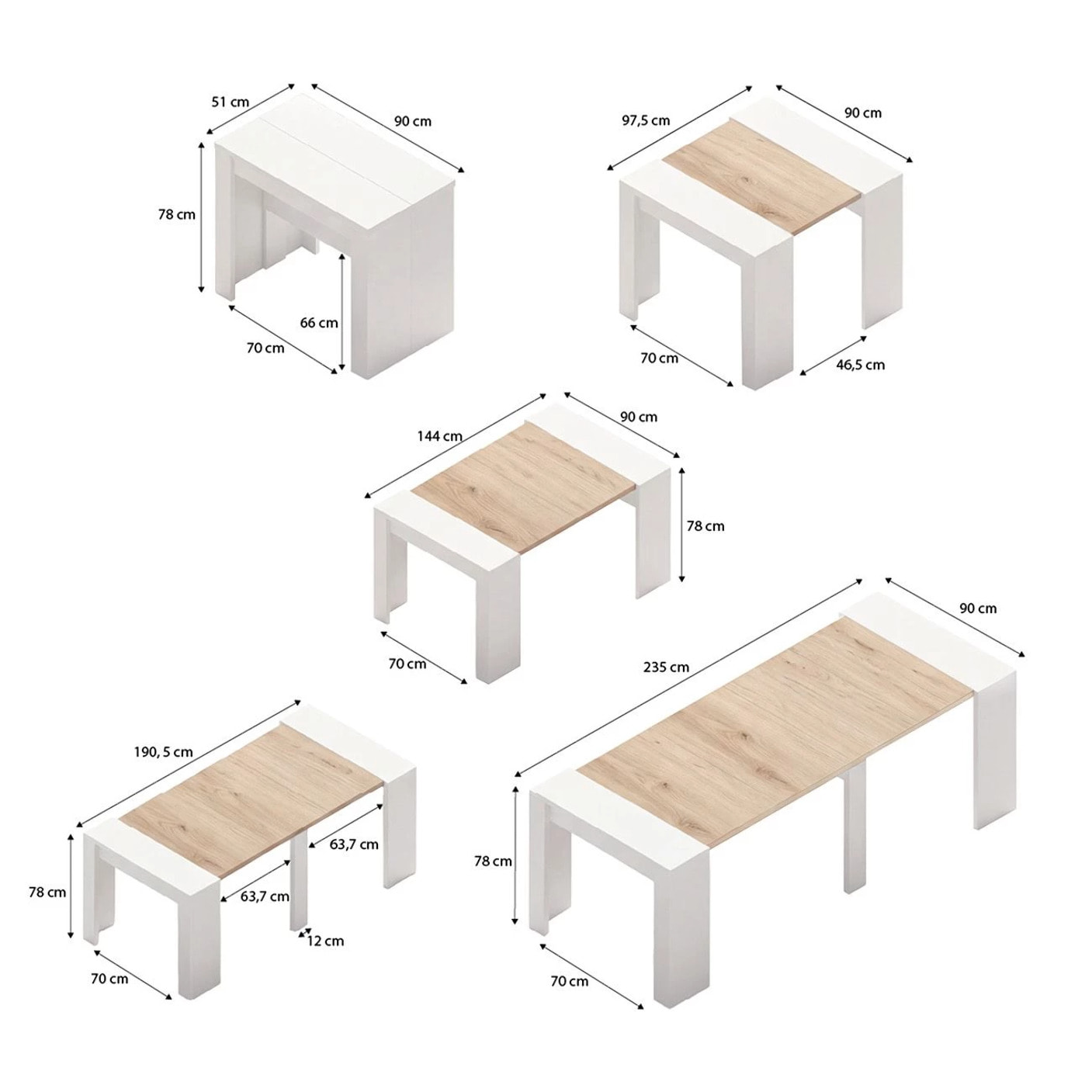 Mesa consola extensible en blanco artik y alpine oak 50-235x90 cm Denis Blanco Artik (Blanco Mate) - Alpine Oak