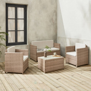 Salon de jardin en résine tressée - Perugia - Résine naturelle Coussins  beiges - 4 places - 1 canapé. 2 fauteuils. une table basse