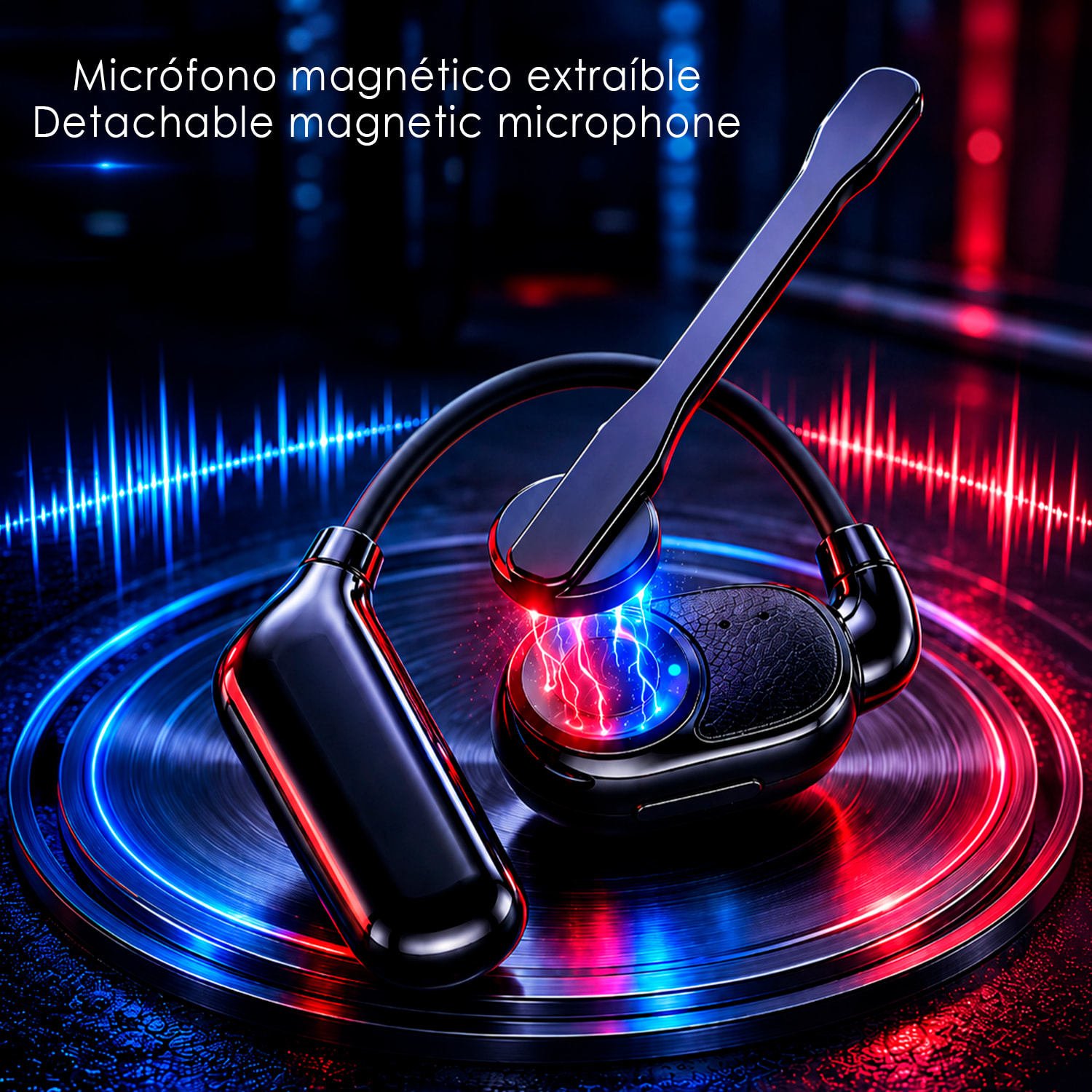 Auricular Bluetooth manos libres V2. Diseño reversible para ambas orejas, micrófono magnético extraíble de 360° y batería larga duración. Con caja de carga y compatible con PC/Tablet.