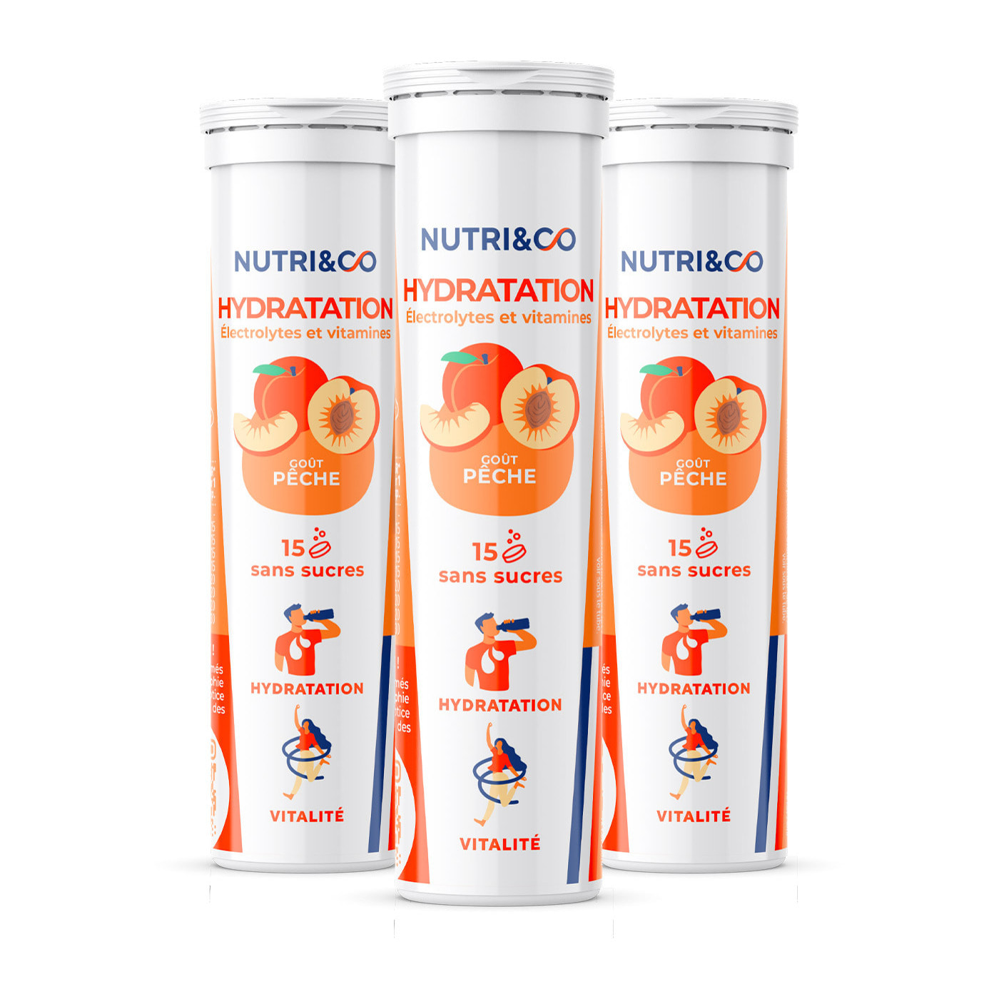 Nutri&Co Électrolytes Hydratation - 5 Minéraux 4 Vitamines - Goût Pêche - Lot de 3 tubes - 45 comprimés