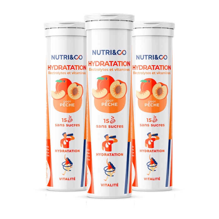 Nutri&Co Électrolytes Hydratation - 5 Minéraux 4 Vitamines - Goût Pêche - Lot de 3 tubes - 45 comprimés