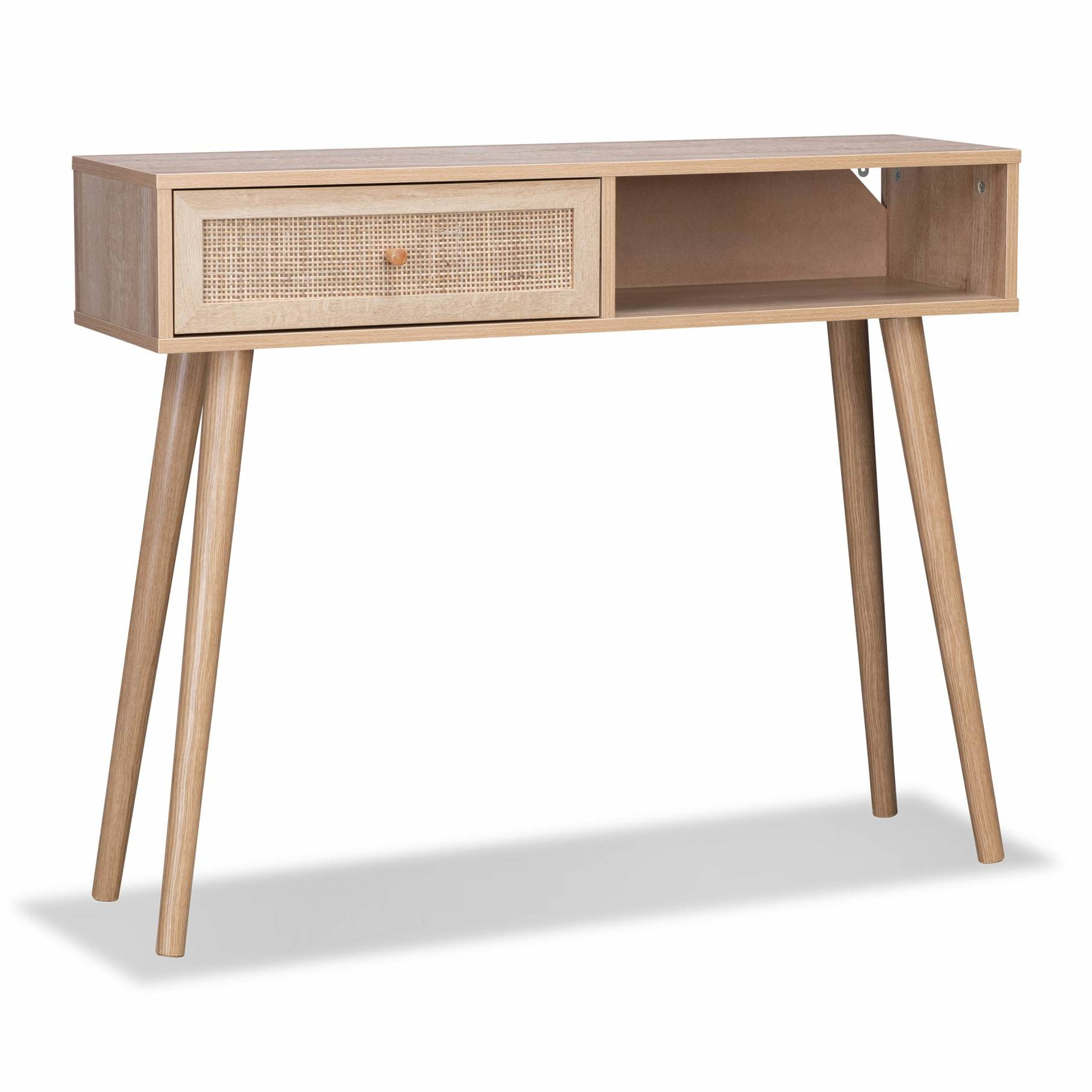 Console en cannage 100x29x81cm  -  Bohème -  Naturel. 1 tiroir.1 espace de rangement. pieds scandinaves décor bois. 1 poignée