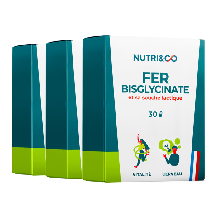 Fer Bisglycinate et sa Souche Lactique - 30 gélules Vegan - Lot de 3